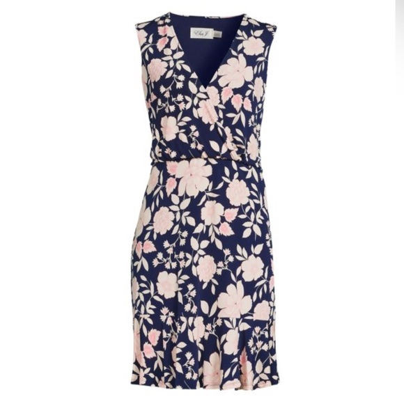 Eliza J Dresses & Skirts - Eliza J Floral Flounce Hem Dress Sleeveless Navy Blue Pink Size 8